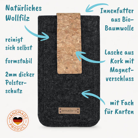 custom-made cell phone case | with magnetic closure and extra compartment | anthracite - Tracks | model HAKA