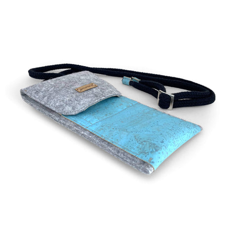 Shoulder bag for iPhone 13 mini | made of felt and organic cotton | light gray - azure | model KEDJA deluxe