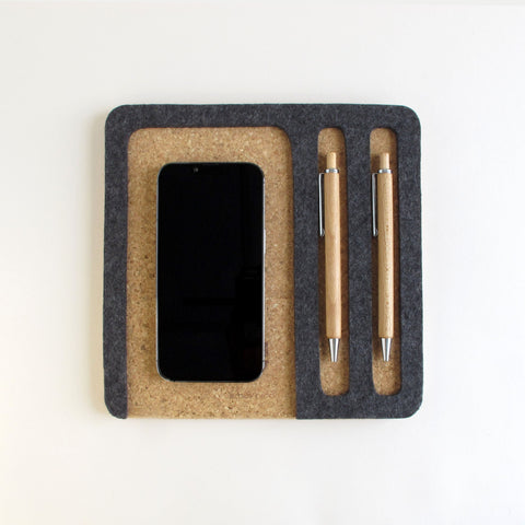 Organizer for cell phone, notepad & pens | made of felt and cork | anthracite