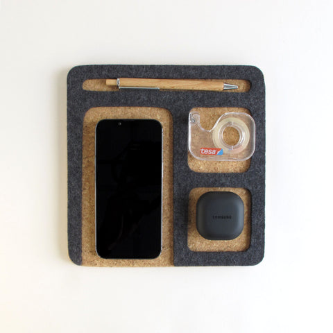 Organizer for mobile phone, notepad, pen, keys etc. | made of felt and cork | anthracite