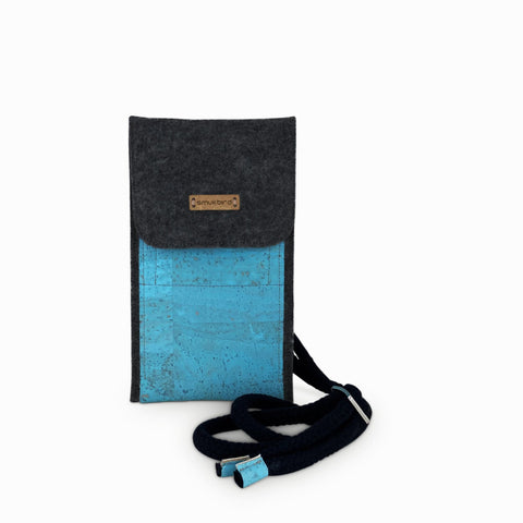 Shoulder bag for iPhone 11 Pro Max | made of felt and organic cotton | anthracite - azure | model KEDJA deluxe