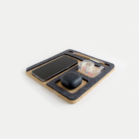Organizer for mobile phone, notepad, pen, keys etc. | made of felt and cork | anthracite
