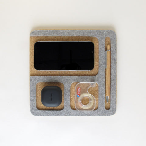 Organizer for mobile phone, notepad, pen, keys etc. | made of felt and cork | light grey